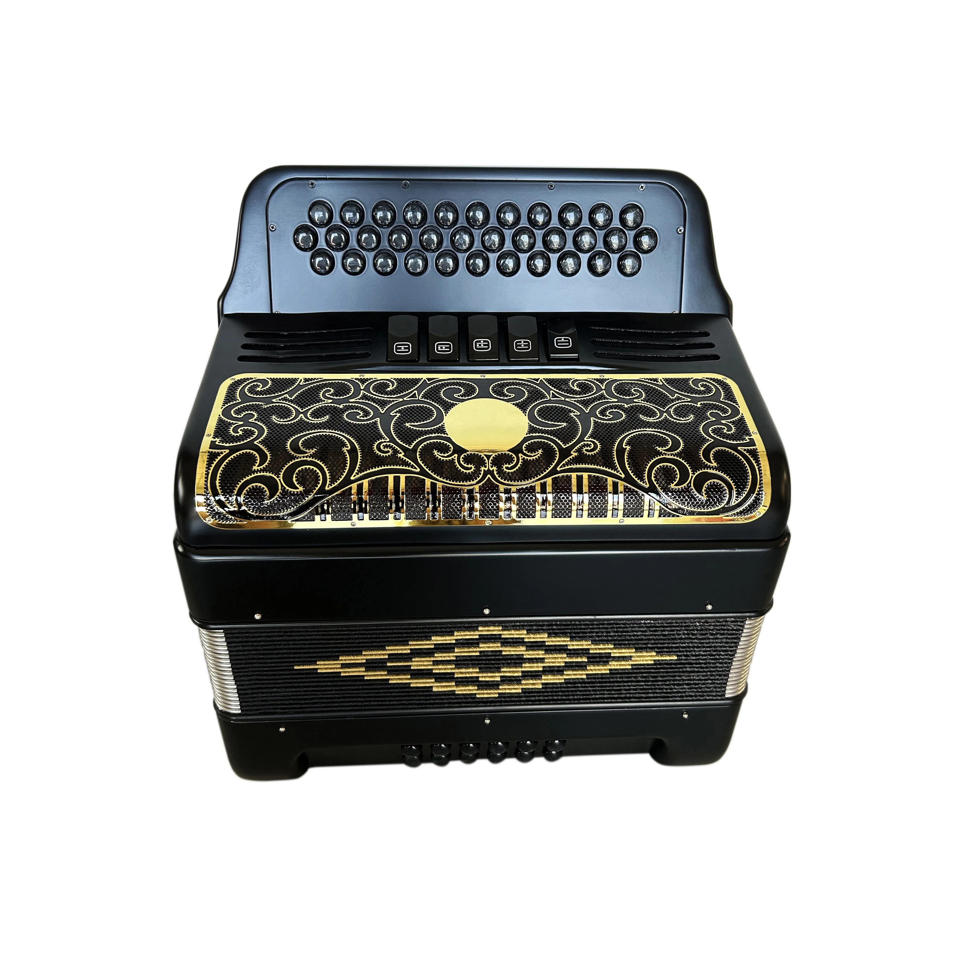 Professional 34-Button 12-Bass 5-Register Accordion Instrument Matt Black Body Gold Grill Black Buttons JB3412D