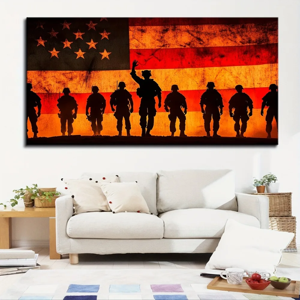 1.5 inch thick pine solid wood frame, vintage American flag canvas painting, Independence Day wall art patriotic concept poster