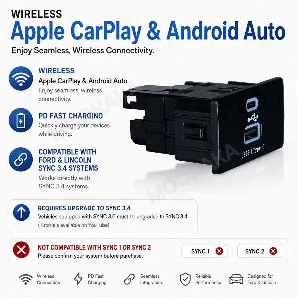 USB HUB Adapter For Ford SYNC3.4 System Wireless Apple CarPlay Android USB Interface Module Car Interior Replacement Accessories