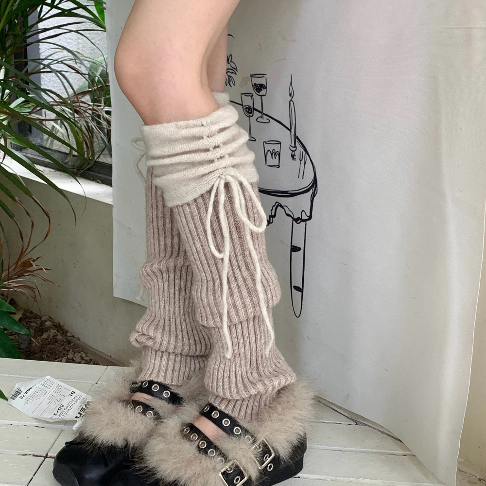 New Spliced Tie Knitted Slouch Socks Autumn Ballet Style Ins Cuff Women Leg Warmers Daily Commute Student Calf Socks