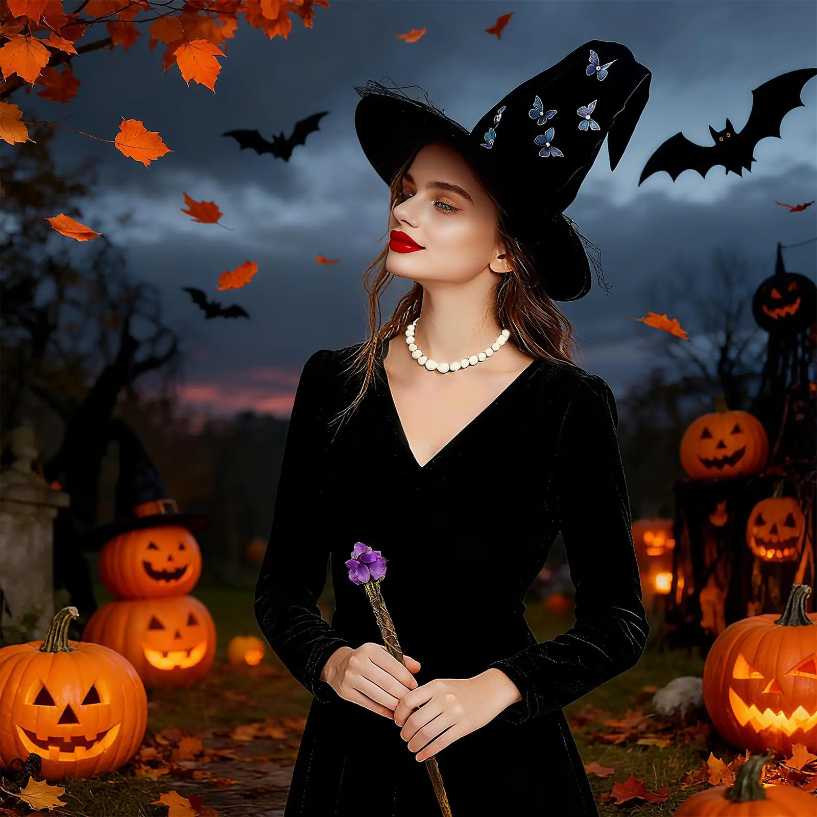 Chapeau de sorcière papillon, baguette de Cosplay, baguette de sorcière en cristal violet, une vigne, chapeau de magicien pointu pour Halloween, accessoires magiques