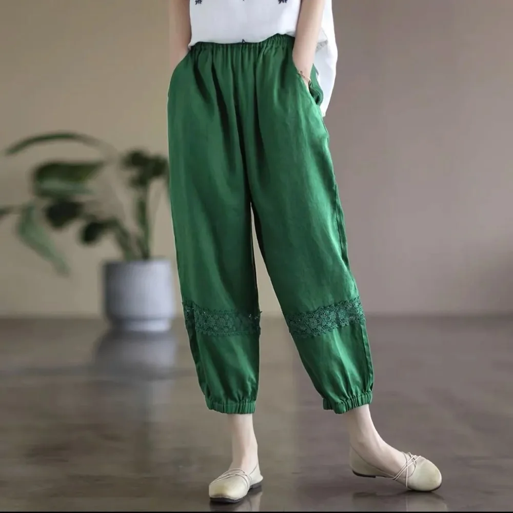 Summer Retro Cotton Linen Cropped Trousers Lace Patchwork Casual Loose Lantern Pants Trendy Breathable Women Bottoms