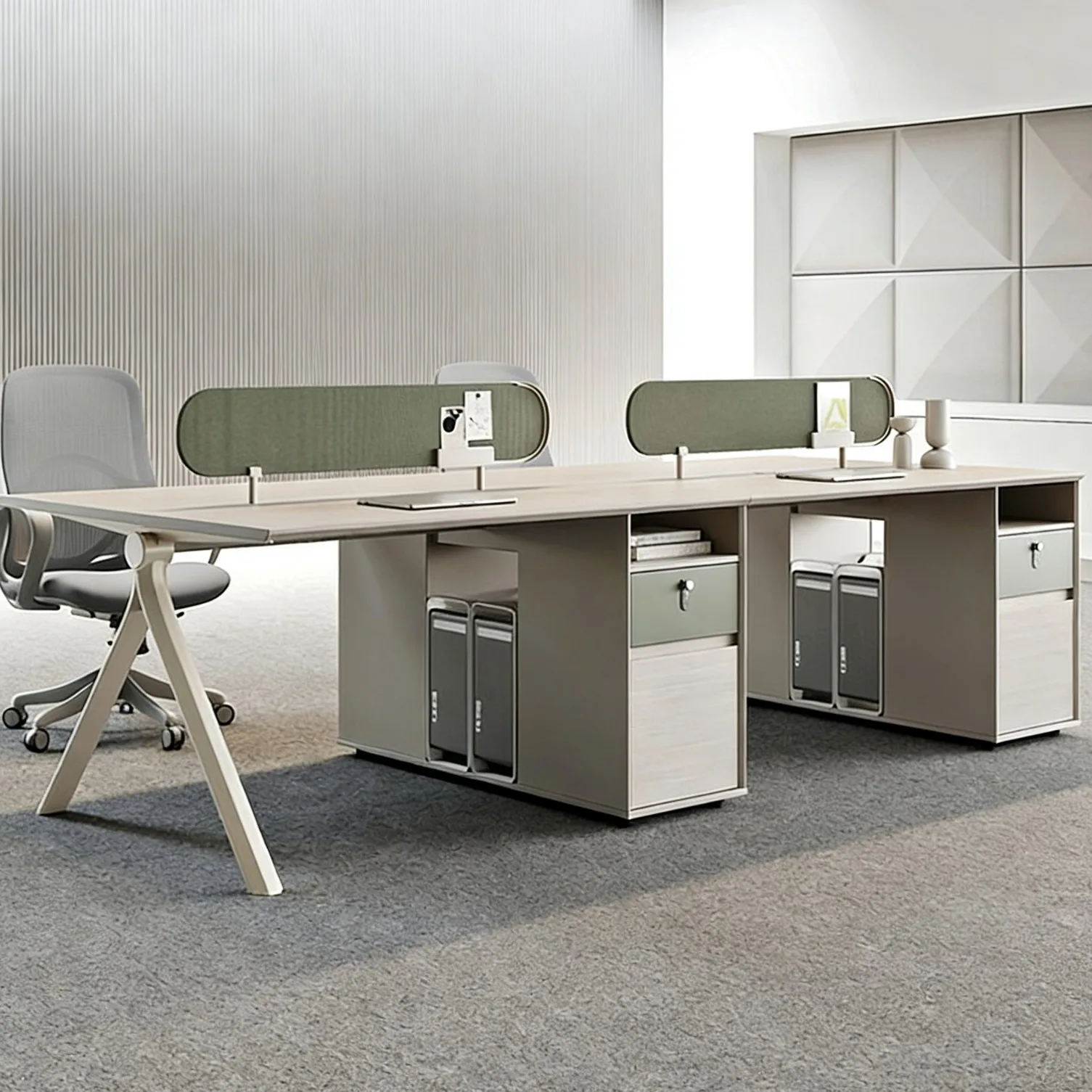 Staff desk, minimalist modern office desk and chair combo, staff station, office furniture, multi-person screen workstation