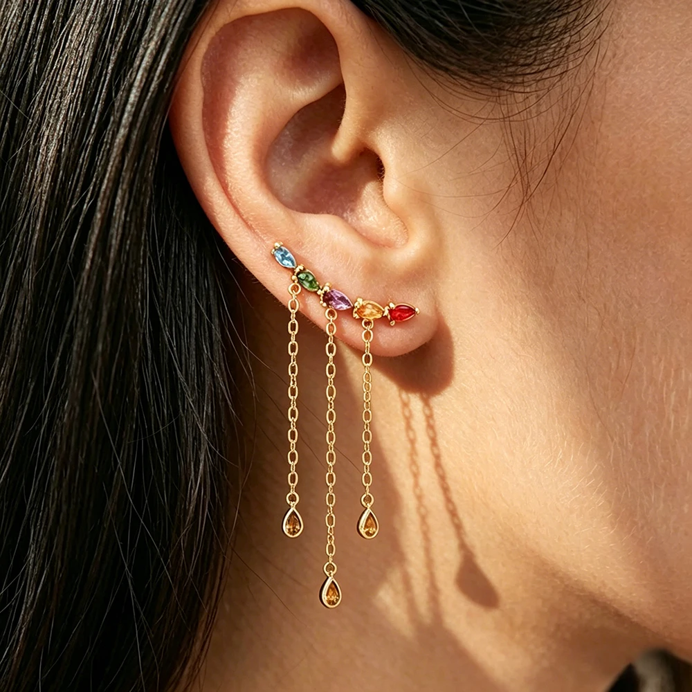 2 Stück mehrfarbige Zirkon-Ohrringe mit Wassertropfen-Quastenkette für Damen, 14 Karat vergoldet, hypoallergen, Modeschmuck, Geschenk