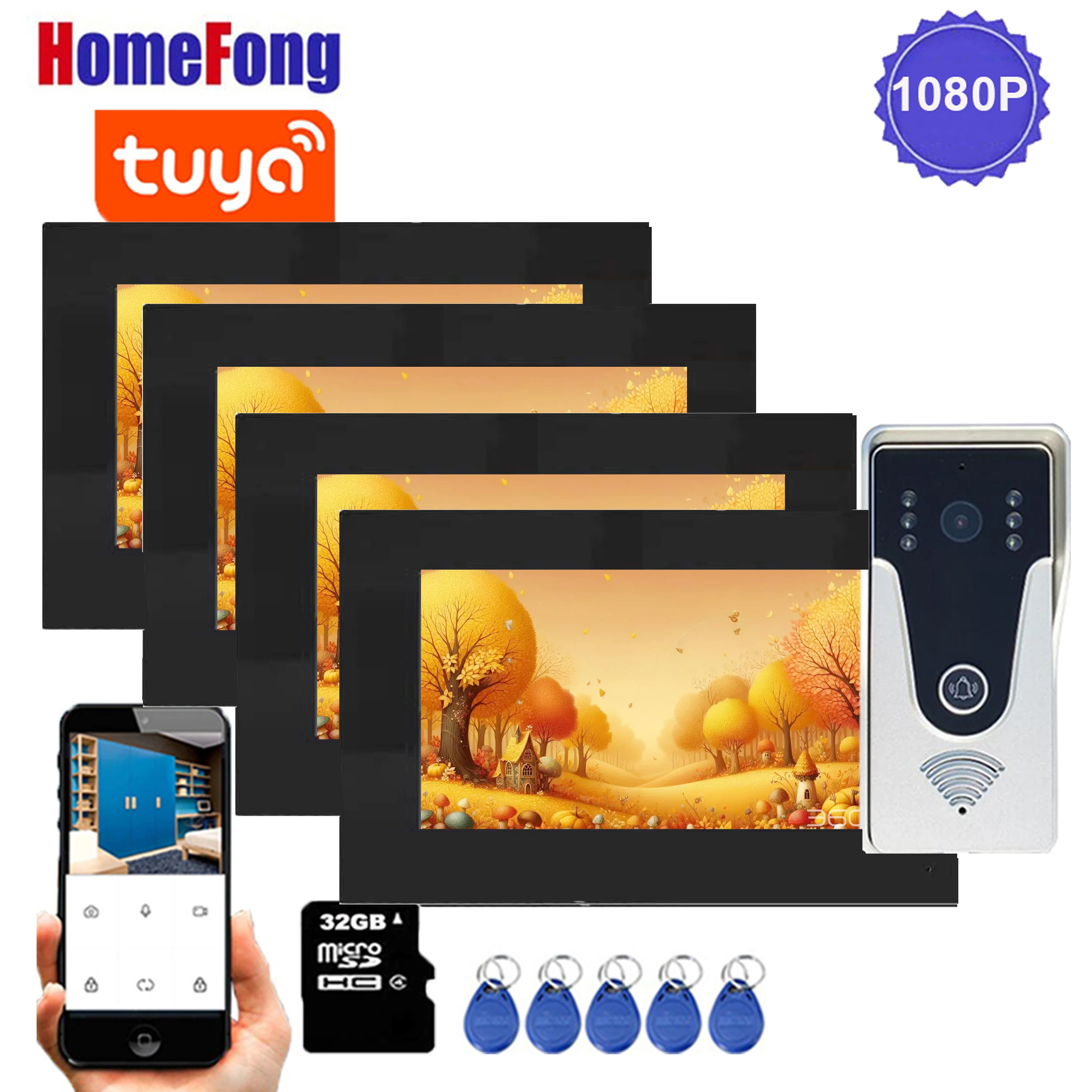 Homefong sistem interkom WiFI 7 inci, untuk Monitor rumah, panggilan, pintu Transfer, telepon, 1080P, bel pintu RFID, buka kunci pintu Tuya App Remote