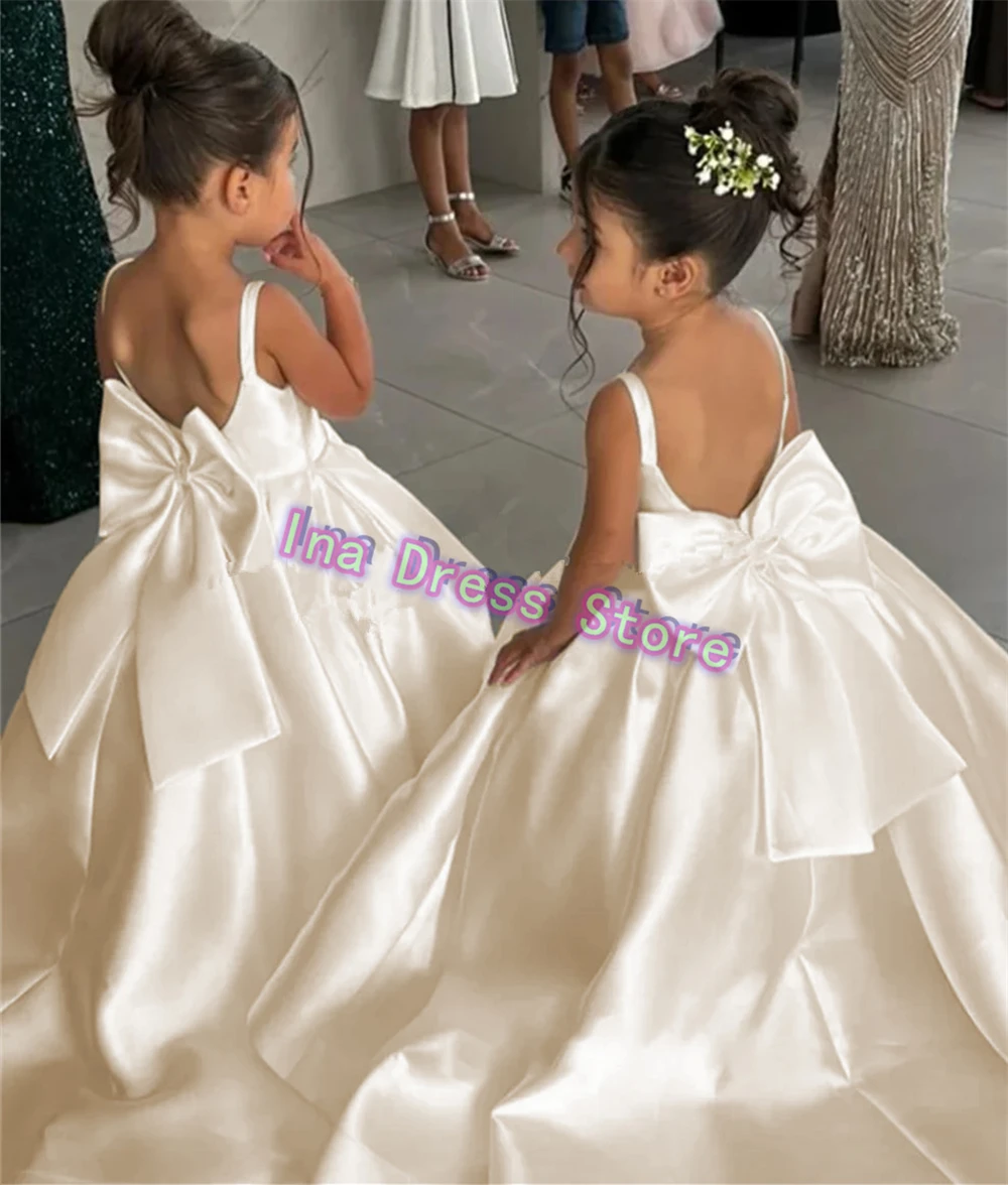 Lovely Satin Flower Girl Dress Straps Fluffy With Big Bow For Little Baby Wedding Ball Dresses Kids Birthday Party Evening Gowns