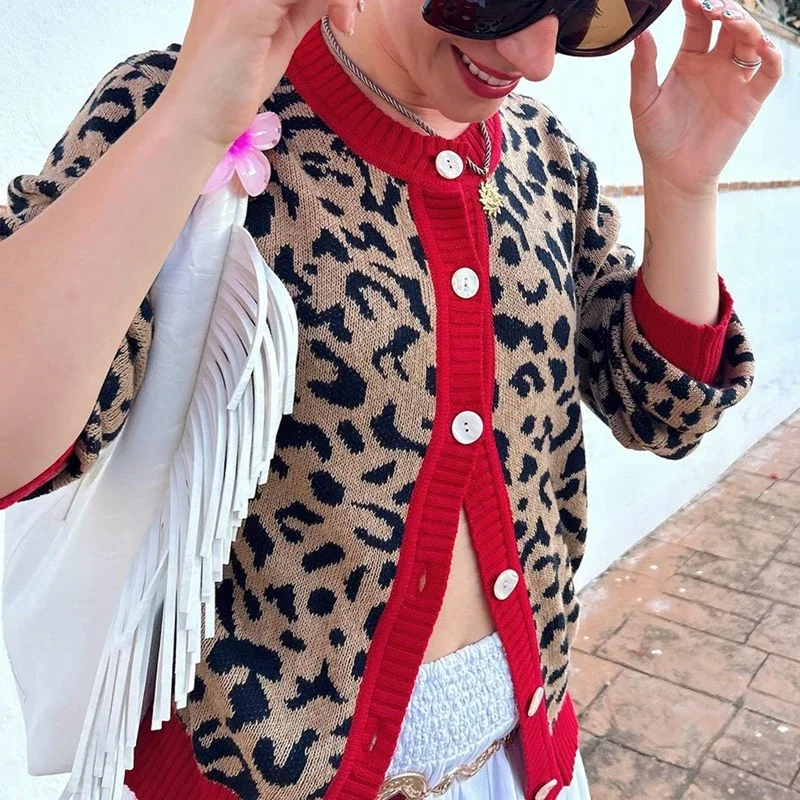 Women Open Front Leopard Cardigan Cheetah Print Knit Tops Oversized Button Down Crew Neck Sweater Cardigan Jacket Streetwear