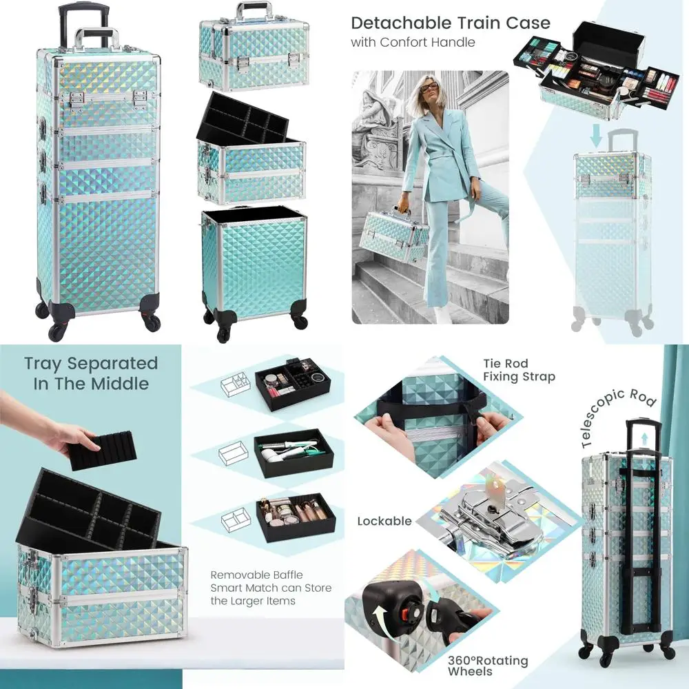 4-in-1 Rolling Makeup Case with Wheels: Portable Cosmetic Trolley for Makeup Artists, Hairstylists, Nail Technicians, and Salon