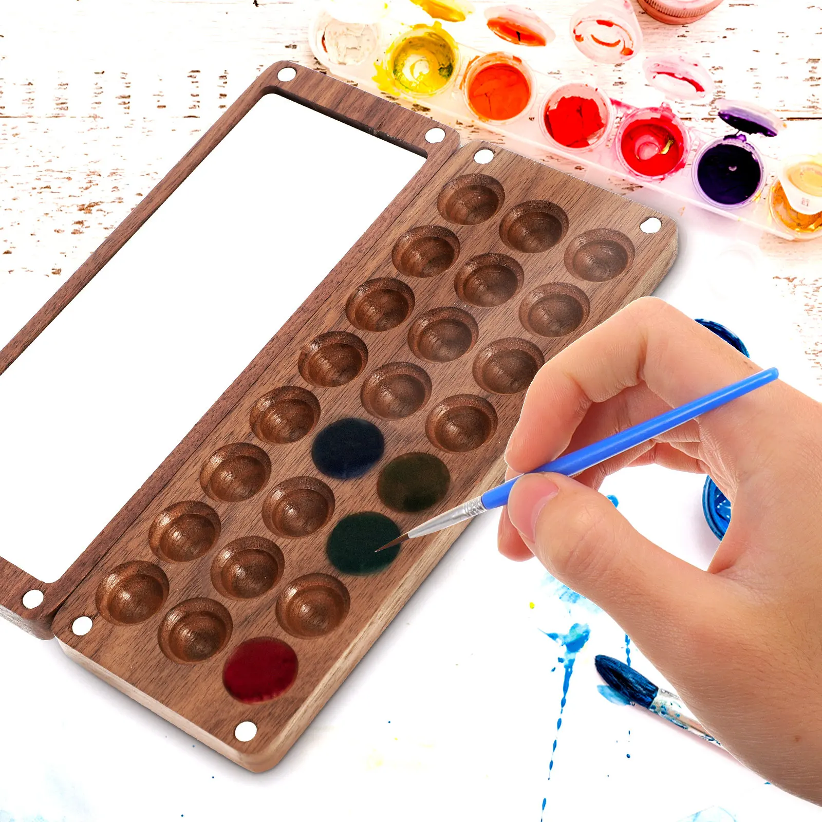 Portable Wooden Watercolor Paint Palette Box for Mixing & Storage – Mini Art Supply for Artists