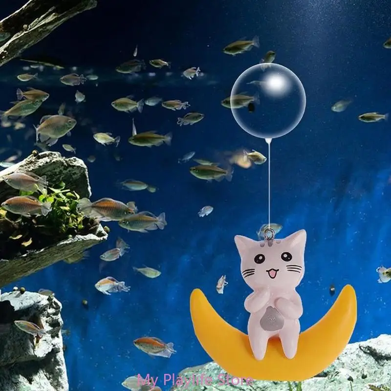 Cat on Moon Aquarium Decorations Suitable for Large Medium Small Fish Tank Lovely Cat Mini Swimming Fish Playmates Toy