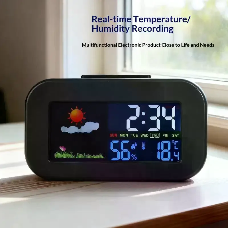 Intelligent Weather Station Clock With Color Display - Temp & Humidity Monitor Backlit For Kids & Teens Bedroom/Dorm Desk