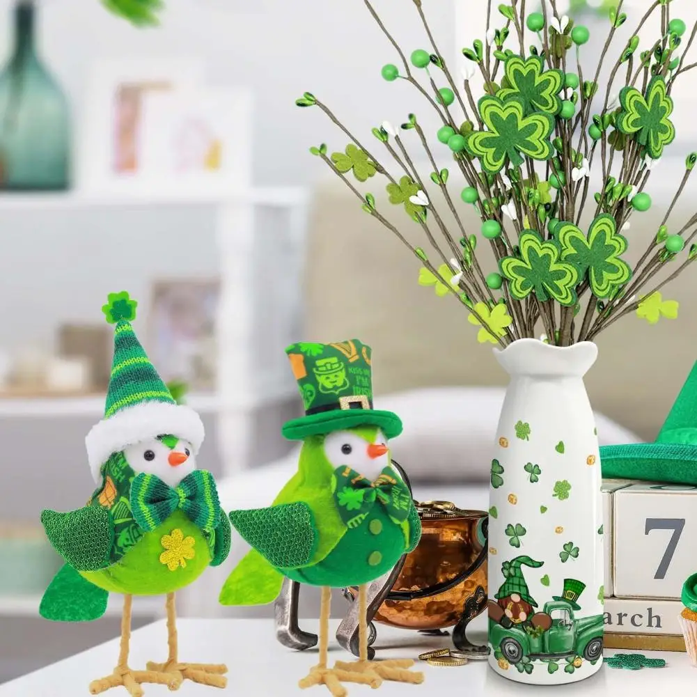2pcs Holiday Ornament Green Cute Little Bird Decor Fabric Easter St Patricks Day Nordic Home Desktop Window Sill Decoration Gift