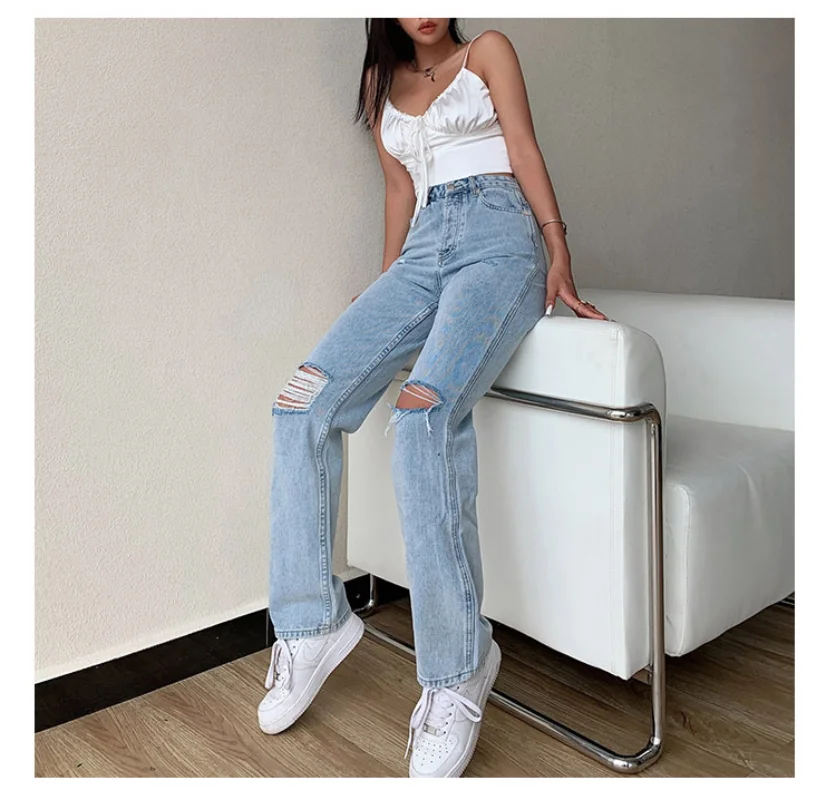 2023 New Fashion Casual Women's Jeans Casual Wide Leg Wash Water Hole Middle Waist Commuter Jeans Women Baggy Jeans Women