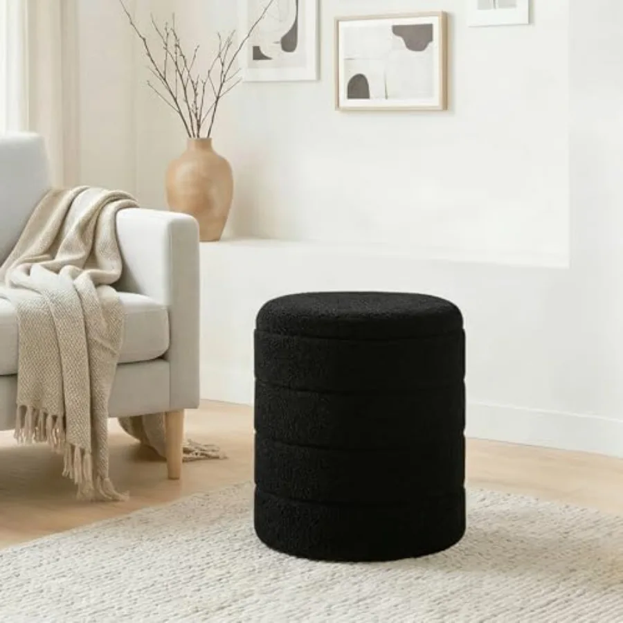 

14.5" Round Storage Ottoman, Boucle Sherpa Ottoman with Tray, Faux Teddy Feet Rest Coffee Table for Bedroom Dorm Living Room