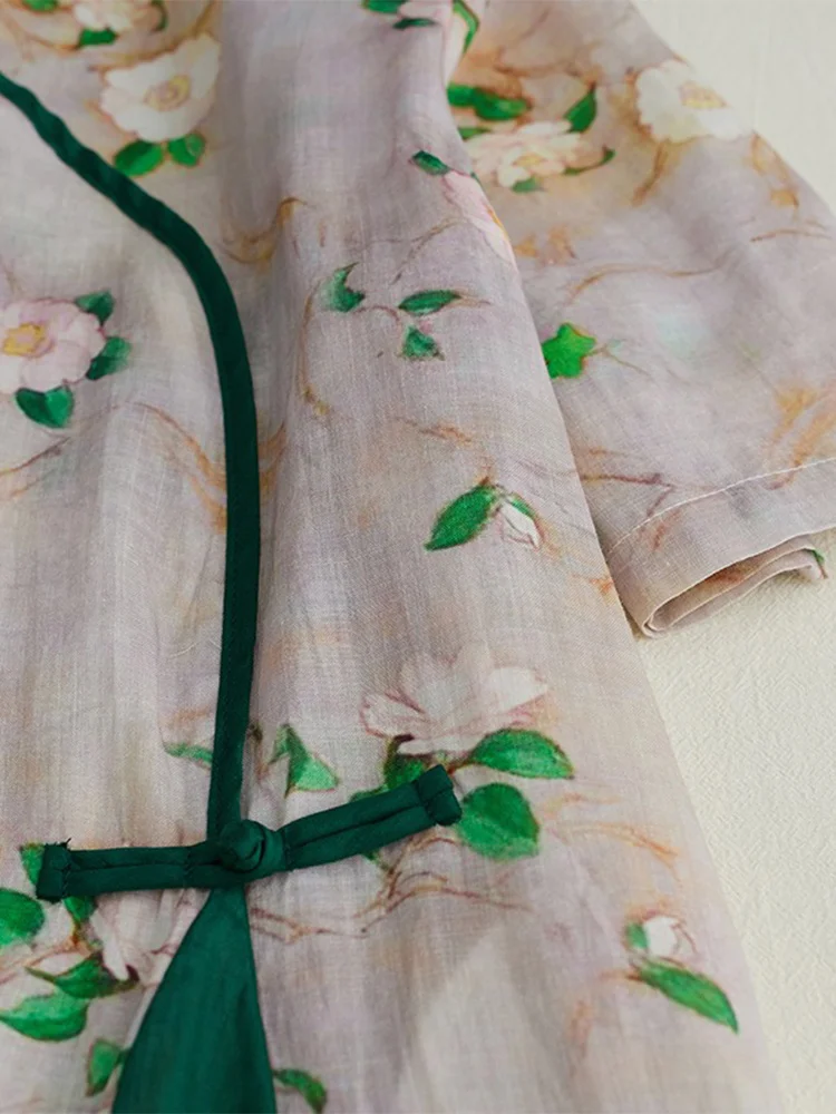 Robe longue en coton pour femmes, imprimé Floral chinois, avec boutons, jupe trapèze, col montant, dr