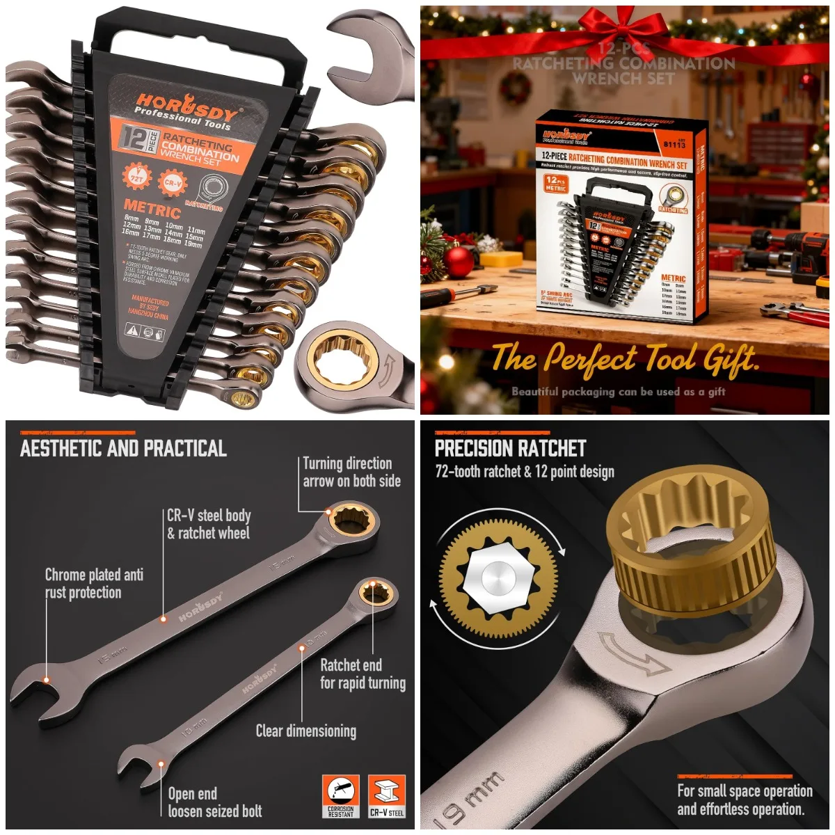 

12-Piece Metric Ratcheting Wrench Set 8-19 mm, 72-Tooth, Chrome Vanadium Steel