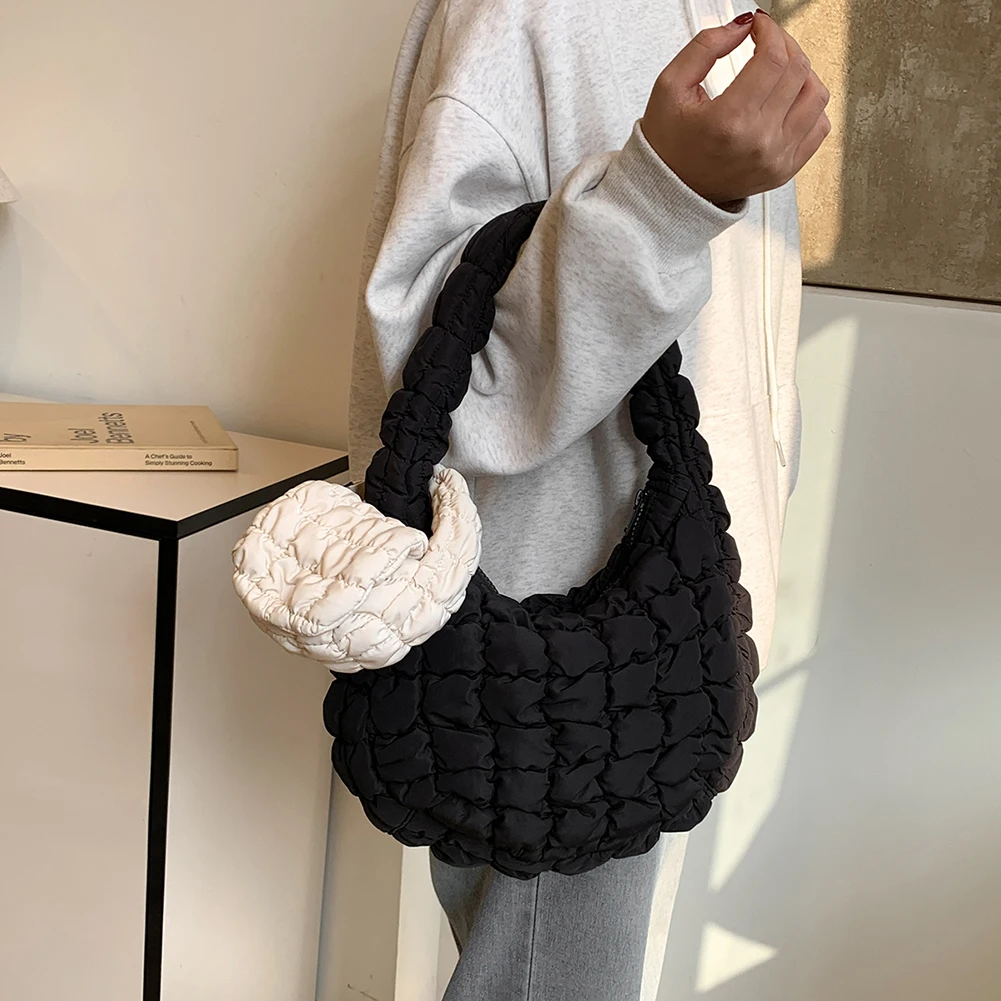

Mini Puffer Tote Bag for Women Quilted Wrist Handbag Nylon Padded Phone Purse Solid Color for Work Travel Shopping