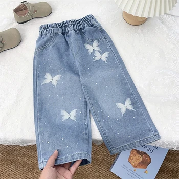 Girls Butterfly Wide-Leg Denim Pants 4 Spring and Autumn Washed Soft Denim Baby Girl Straight Wide-Leg Pants Diamond in the Debris Butterfly Loose Long Pants 4