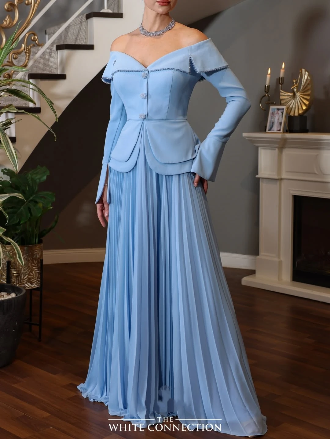 Vestidos de Festa Oisslec Elegantes Vintage Azul Doce com Decote Canoa em Chiffon Personalizados para Ocasiões Formais e Festas Noturnas