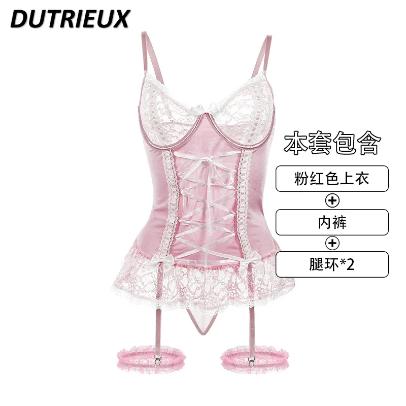 Sweet and Cute Girl Lace Pure Desire To Gather Underwear Heavy Industry Straps Contrasting Color Bow Onesie Women's Jumpsuit