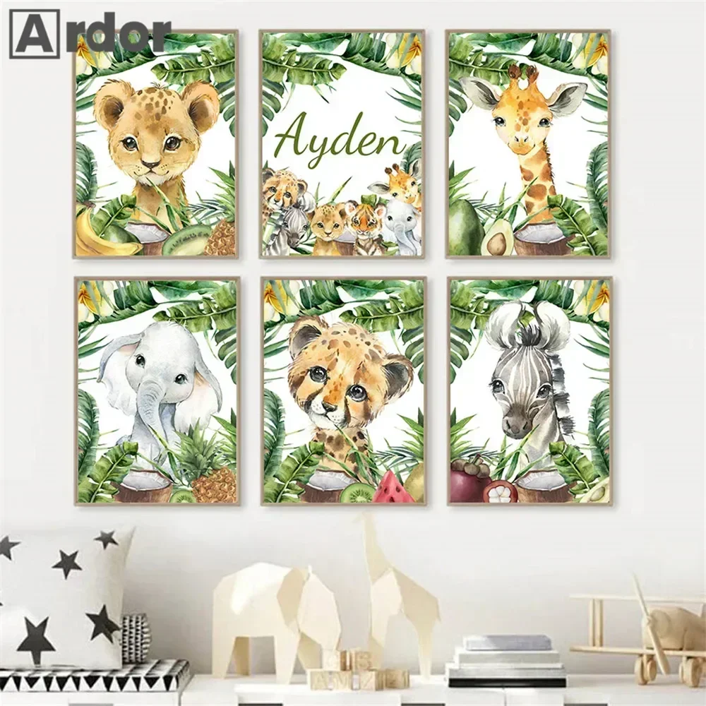 

Custom Name Poster Elephant Print Pictures Giraffe Art Prints Fruit Animals Canvas Painting Nursery Poster Baby Kids Room Decor