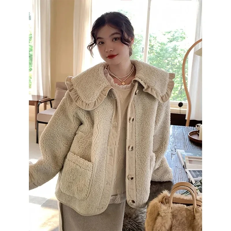 

GIDYQ Vintage Lamb Wool Jacket Women Sweet Kawaii Peter Pan Collar Plush Fur Coat Korean Elegant Thick Chic Outwear Tops New