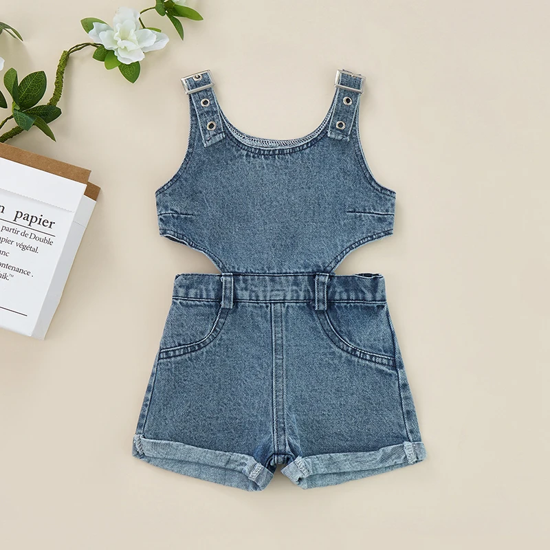 

0-4Y Kids Denim Playsuits Baby Girls Summer Clothing Solid Color Sleeveless Hollow Out Short Romper Jumpsuits Girls Overalls