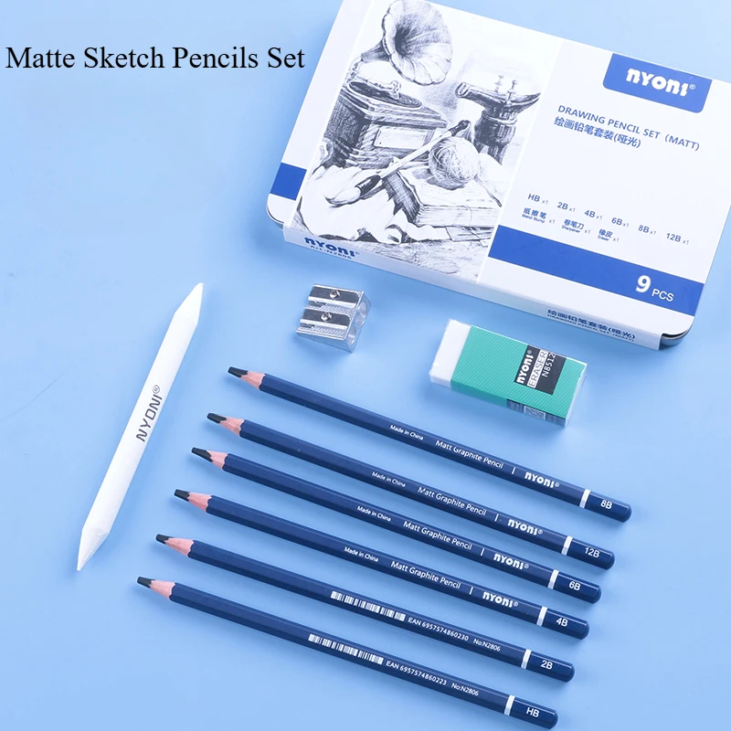 9PCS Graphite Matte Pencil Set with Sharpener, Paper Pen and Eraser Professional Black Sketch Art Pencils in Tin Box School