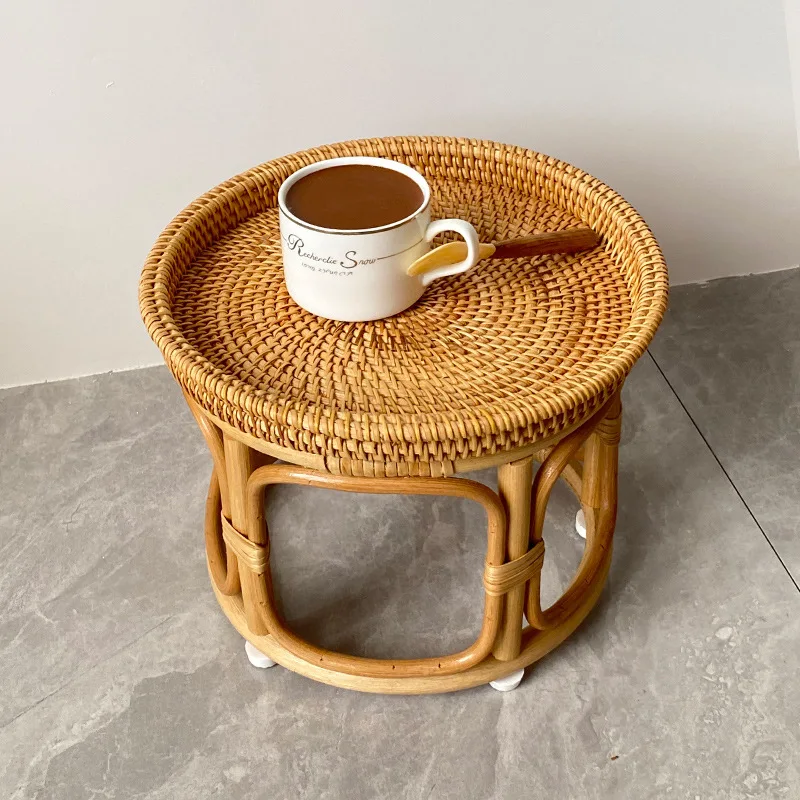 Handmade autumn rattan woven idyllic courtyard balcony living room refreshments cakes fruit round small side few retro features