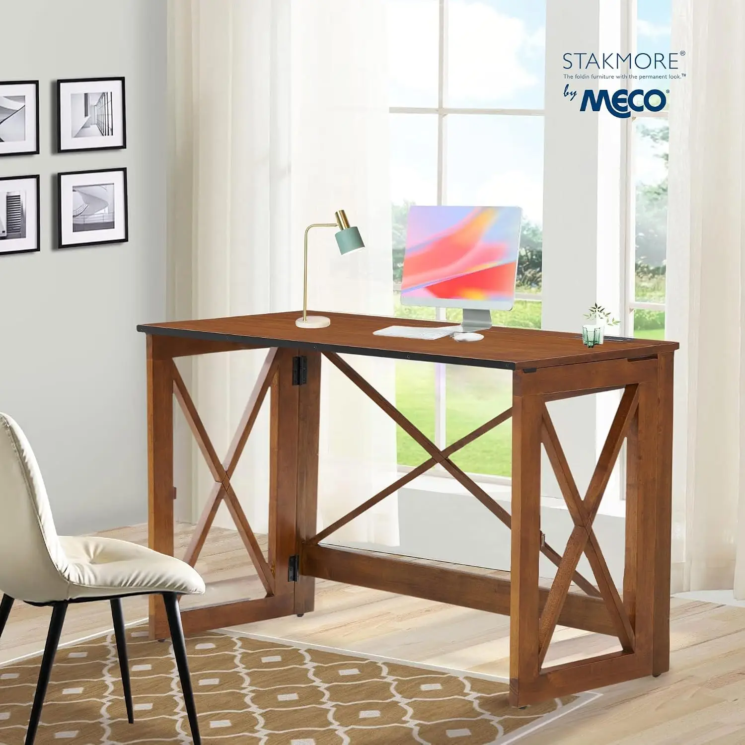 Expandable Folding Desk With Built-in Outlets For Home Office & Living Room, Wooden, Customized