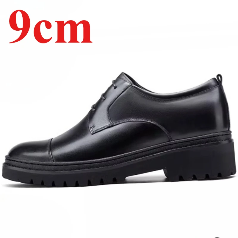Genuine Leather Men's Dress Shoes 9cm for Elevator Shoe Breathable Lightweight Comfortable Height-increasing Wedding Derby Shoes