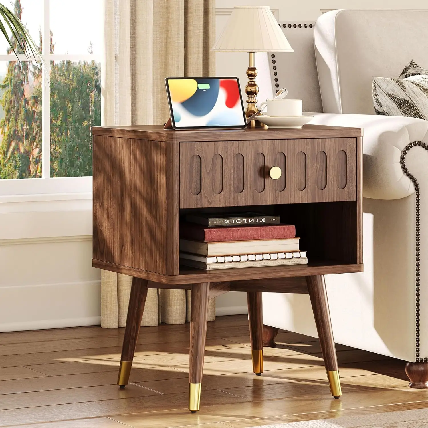 

Nightstand with Charging Station, Fluted Night Stand with Drawer and Open Shelf, Sturdy Metal-Capped Legs Modern End Table, Beds