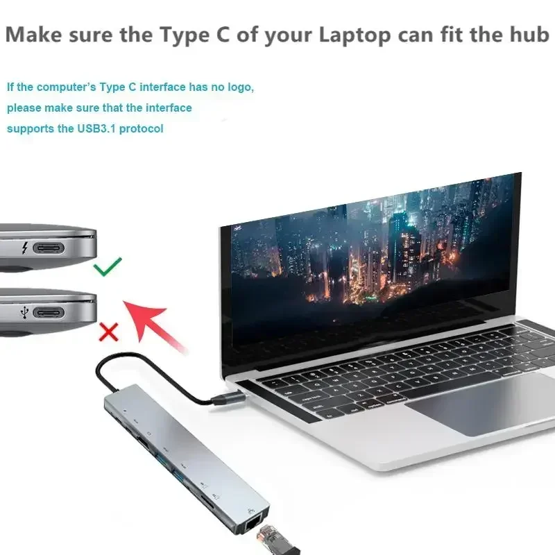 8in1 USB C Hub الألومنيوم 3.0 2.0 منافذ SD TF قارئ بطاقات 35 مللي متر Aux لماك بوك برو الهواء الكمبيوتر المحمول اللوحي الفاصل محول ملحق #2