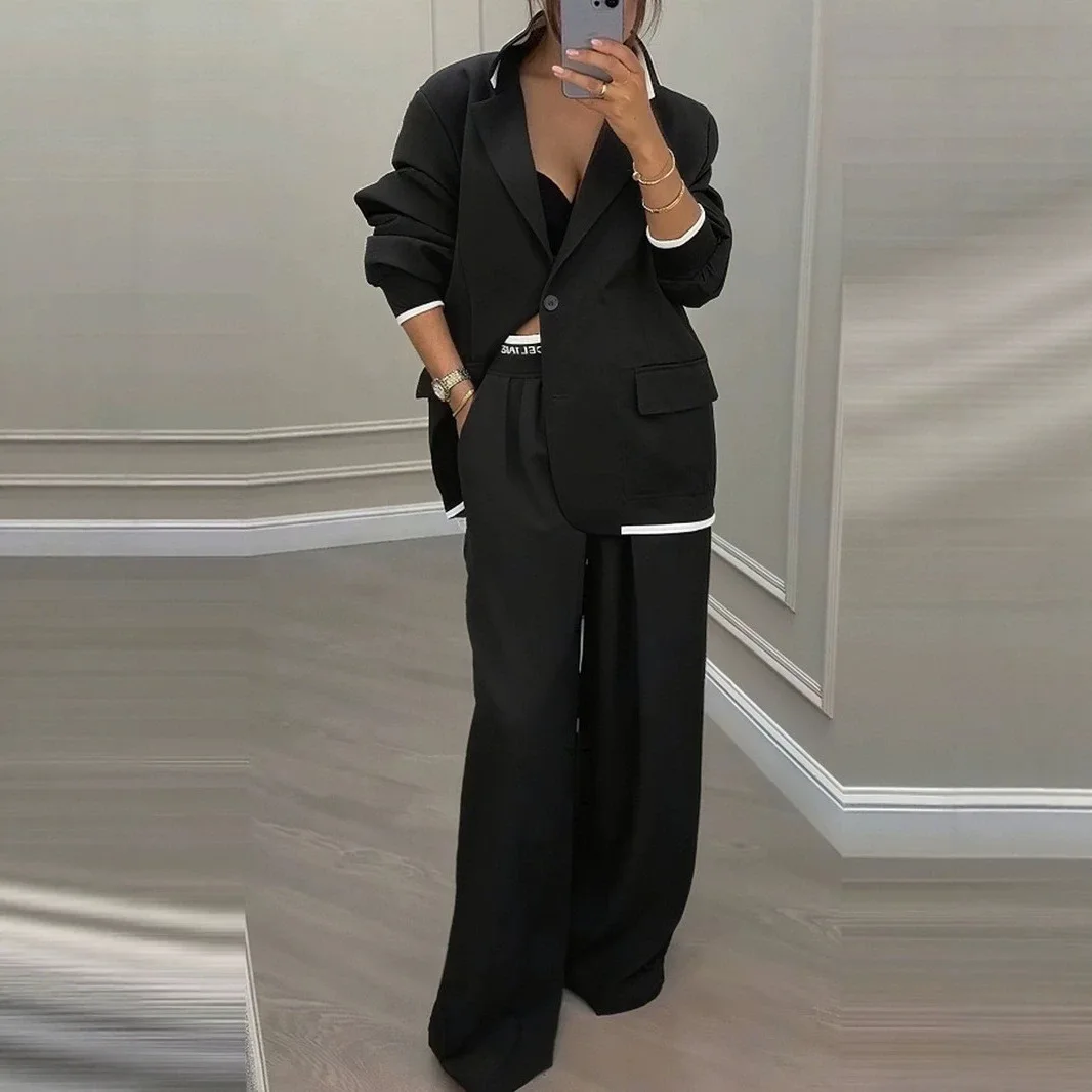 2 pieces women sets 2026 Autumn spring solid color New long-sleeved blazer Casual wide-leg pants suits women's clothing