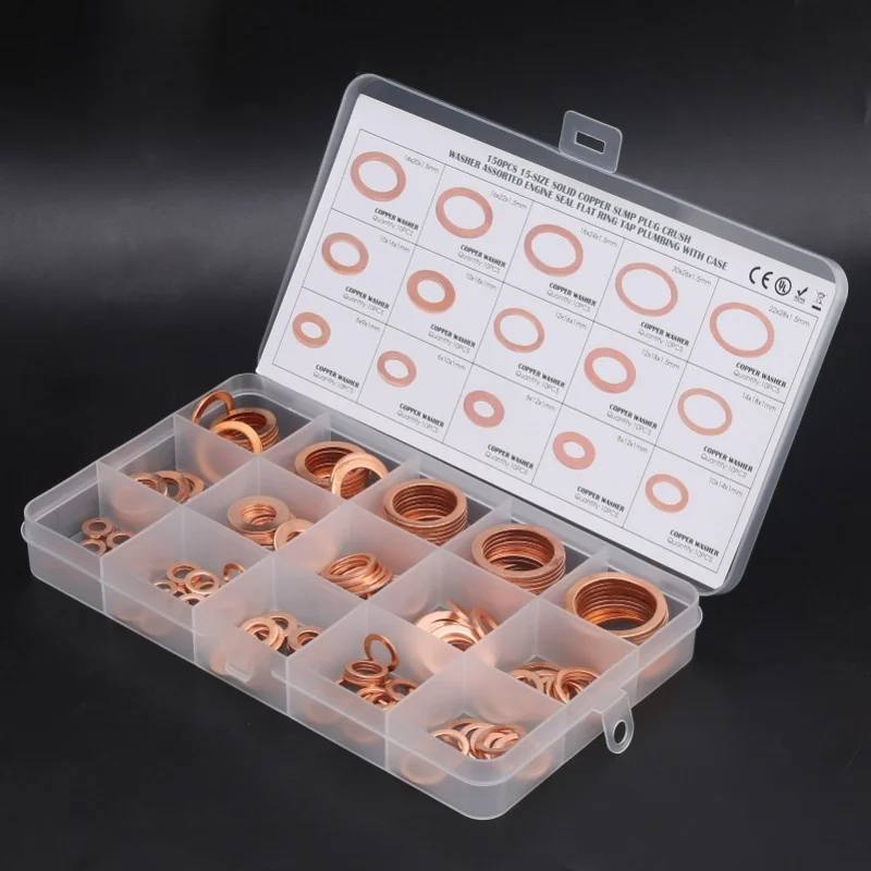 

D2 150pcs Flat Sealing Ring Red Copper Gasket O Ring Sealing Gasket Sealing Ring Washer M5/M6/M8/M10/M12/M14 Oil Seal Gasket