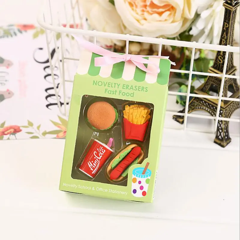 4PCS Kawaii Ice Cream Hamburger Lollipop Detachable Rubber Eraser Stationery