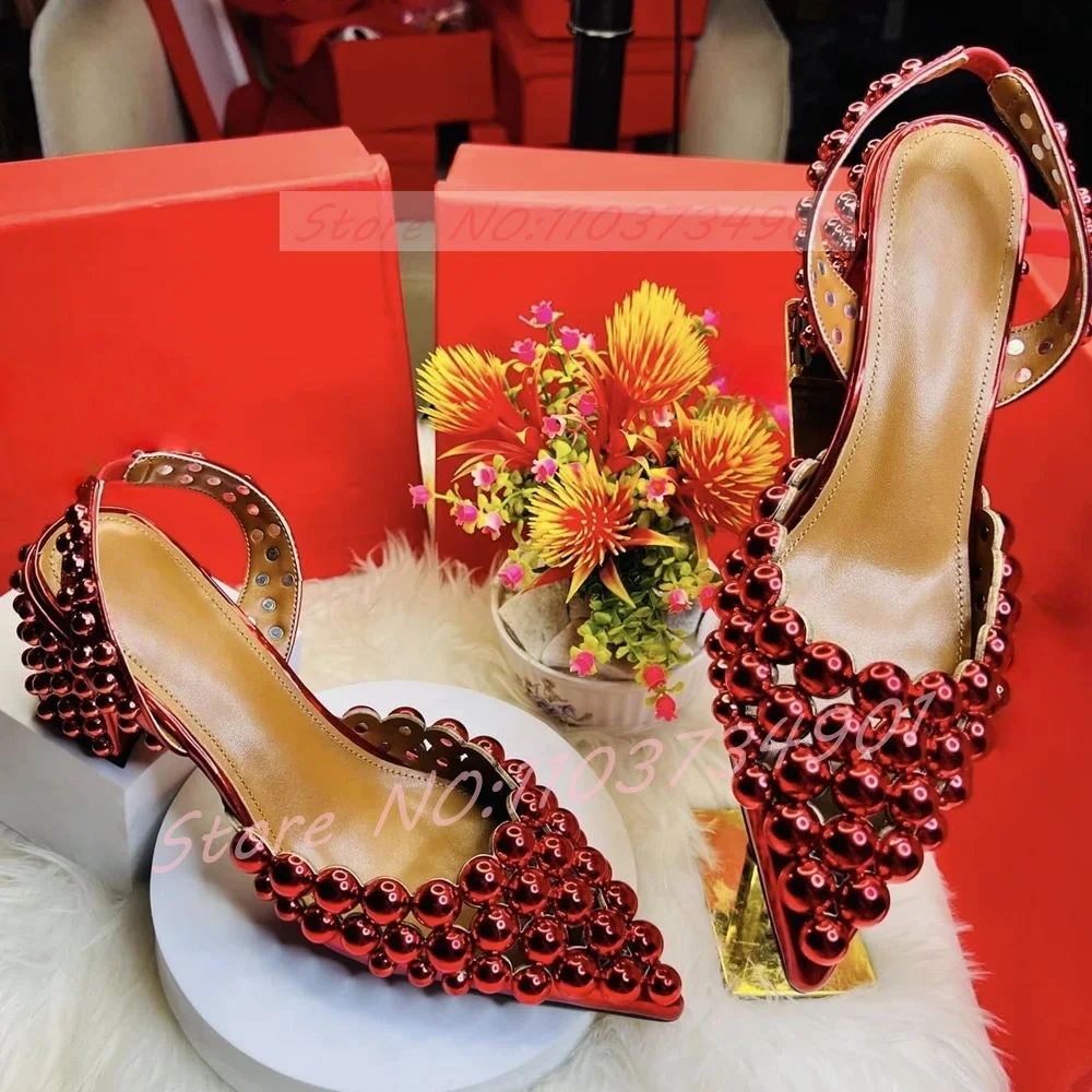 Sling Back Dome Sandals Women Luxury Pointed Toe Rivets High Heels Metallic Leather Shoes Ladies Party Sexy Sandals