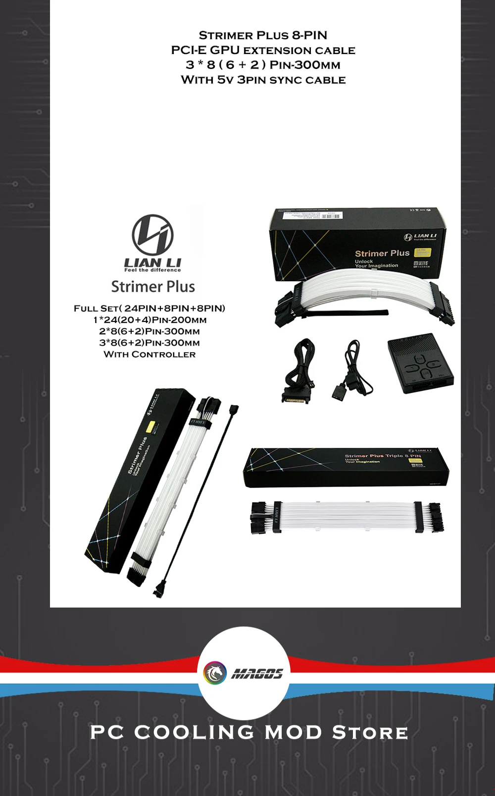 LIAN LI Strimer Plus RGB PSU Extension Cable 24Pin ATX Rainbow