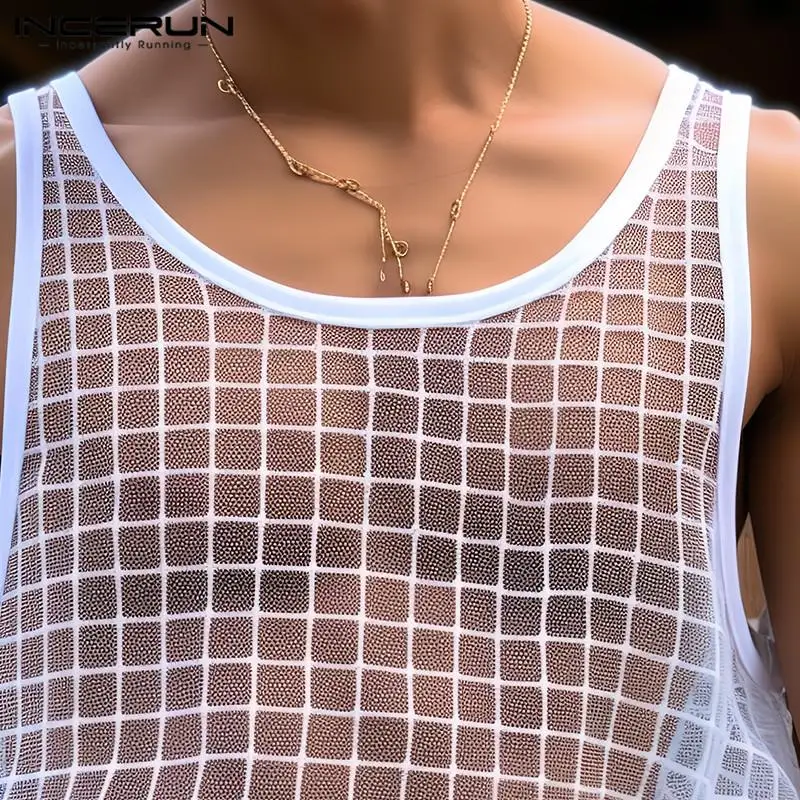 INCERUN Men Tank Tops Plaid Mesh Transparent O-neck Sleeveless Sexy Male Vests Streetwear 2023 Fashion Casual Men Clothing S-5XL