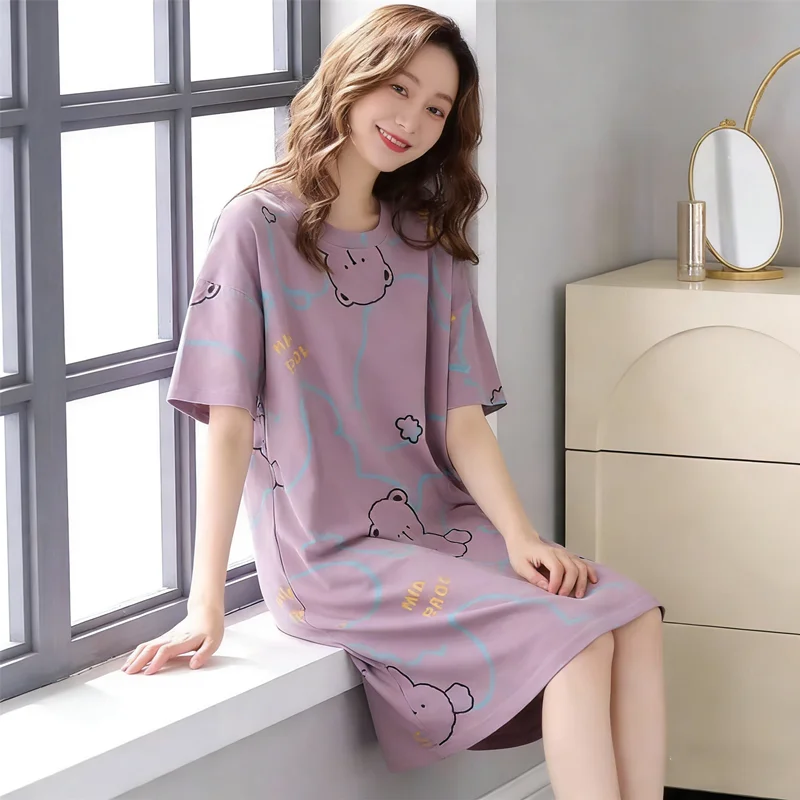 

Summer Modal Night Dress Women Nightgown Big Yards Sleepshirts Short-Sleeves Nightie Nightdress Cute Print Sleepwear night skirt