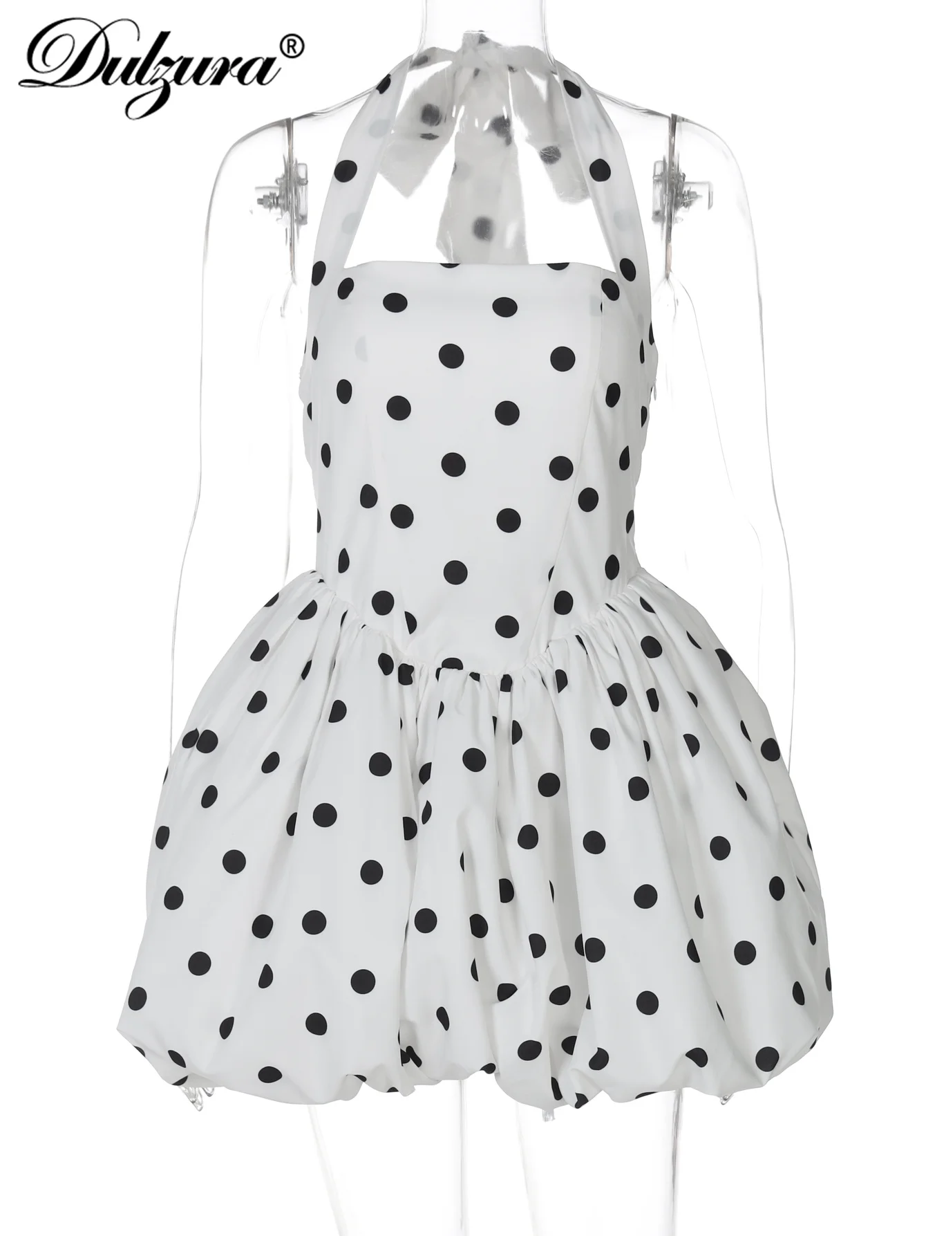 Dulzura ホルターノースリーブバックレススリムレースアップジッパー水玉プリントふわふわミニドレスセクシーエレガントカジュアルドレスパーティークラブウェア