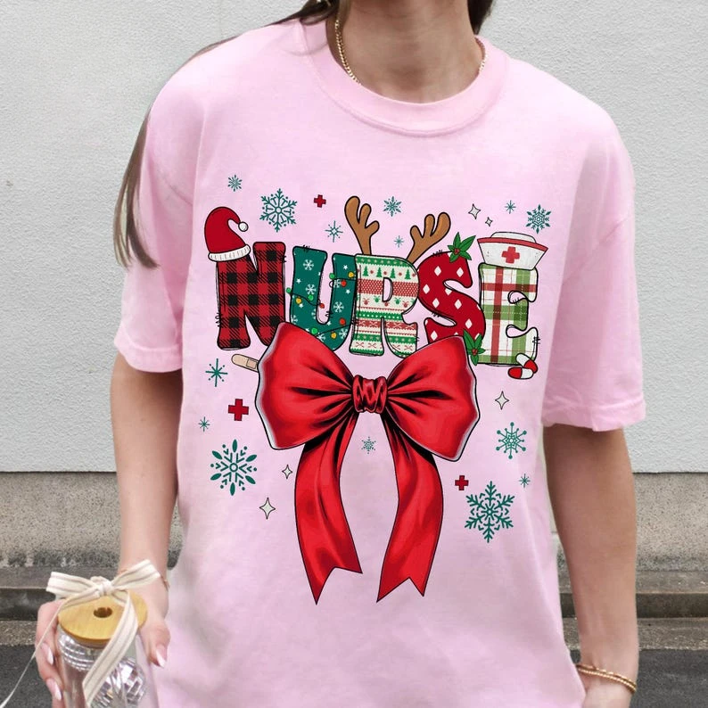 Women's Nurse Coquette Christmas Shirt Nurse Christmas Coquette Bow Retro Christmas Reindeer Tee Gift Cotton Aesthetic Clothes