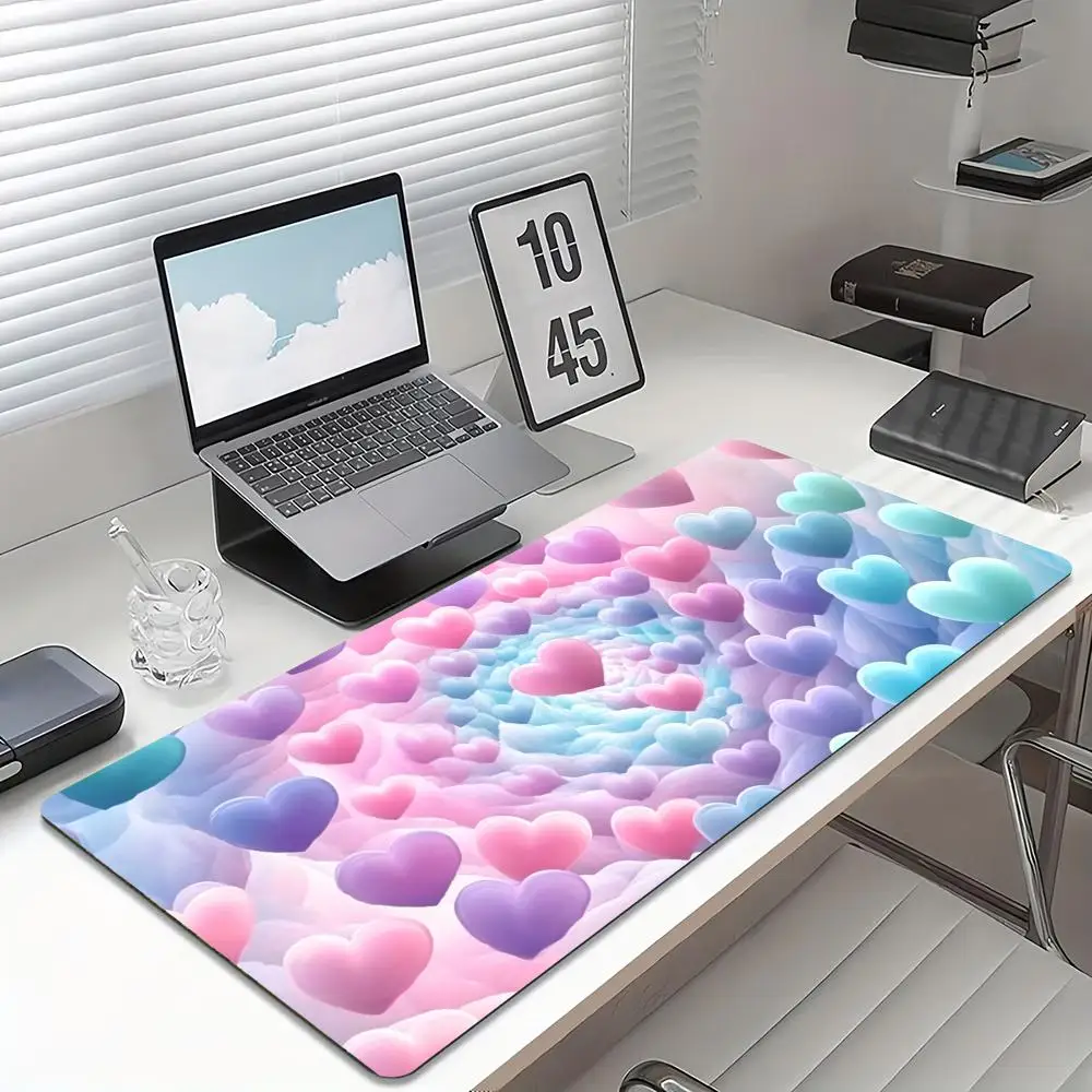 Cute Pastel Heart Large Extended Gaming Mouse Pad Non Slip Desk Surface Soft Color Love Art Print For Gaming And Office Desktop