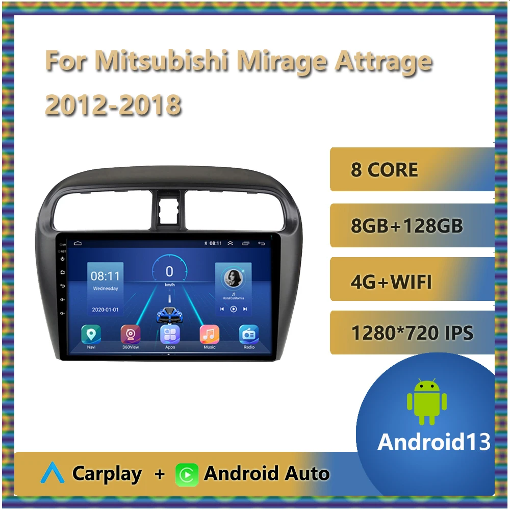 

9" IPS Touchscreen Car Radio For Mitsubishi Mirage Attrage 2012 - 2018 Android 13 Head Unit Split Screen Bluetooth 8GB+128GB OBD