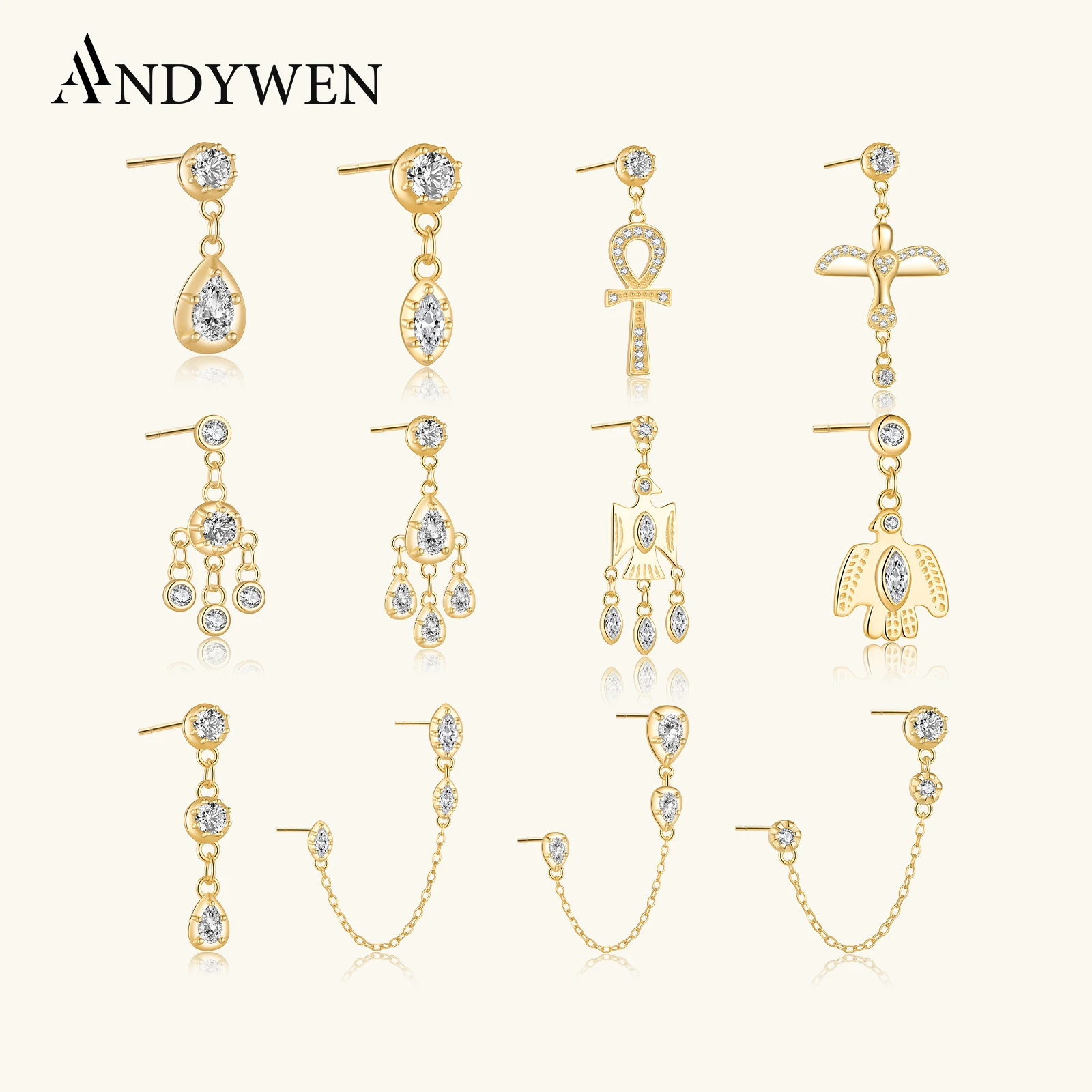 ANDYWEN 925 Sterling Silver Gold Chain Zircon Pear Drop Earring Clips Rock Punk Pendientes Luxury Fine Jewelry 2023 Silver Pin