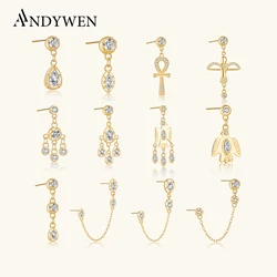 ANDYWEN 925 Sterling Silver Gold Chain Zircon Pear Drop Earring Clips Rock Punk Pendientes Luxury Fine Jewelry 2023 Silver Pin