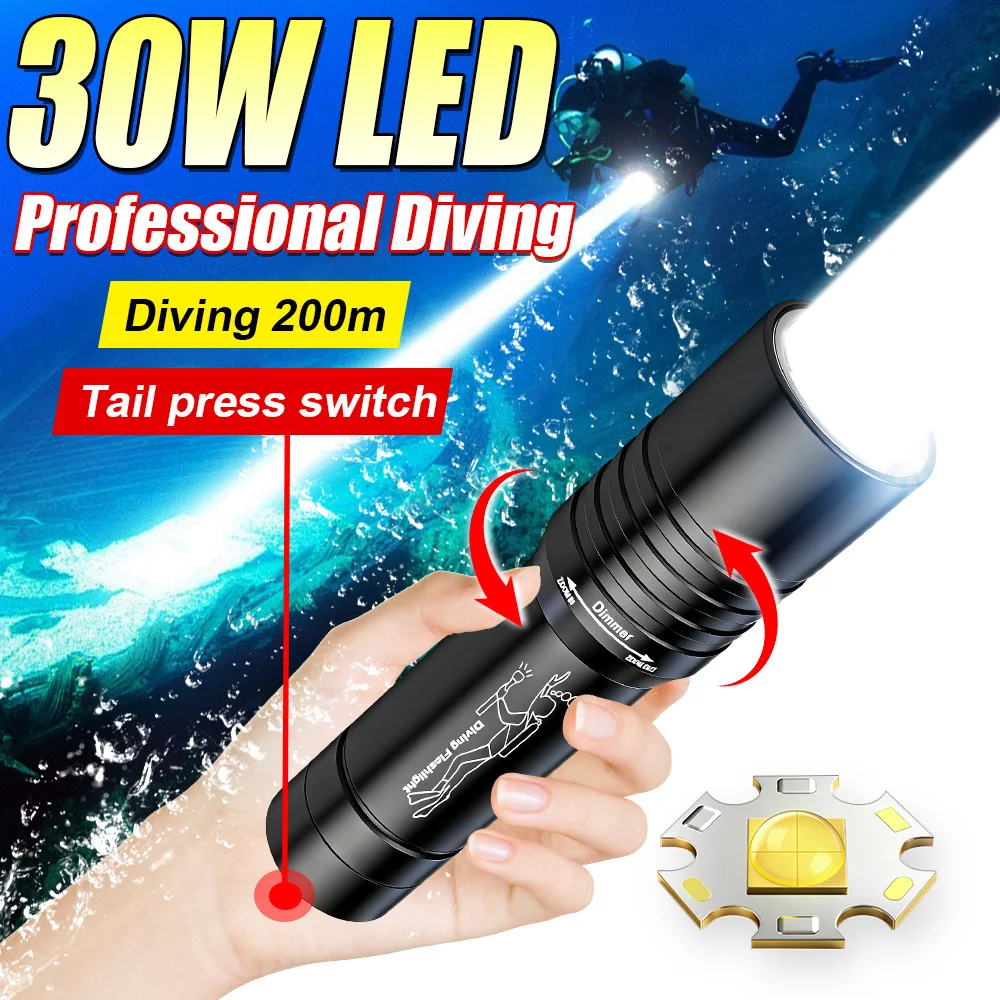 30W Powerful LED Diving Light Underwater Diving Torch IPX8 Waterproof Survival Fishing Flashlight Portable Magnetic Switch Lamp