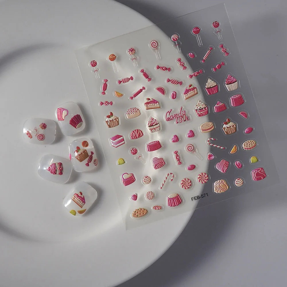 5D Pink Dessert Nail Art Stickers Sweet Cup Cake Candy Nail Decal Samoprzylepna naklejka na zdobienie paznokci Manicure Decorations