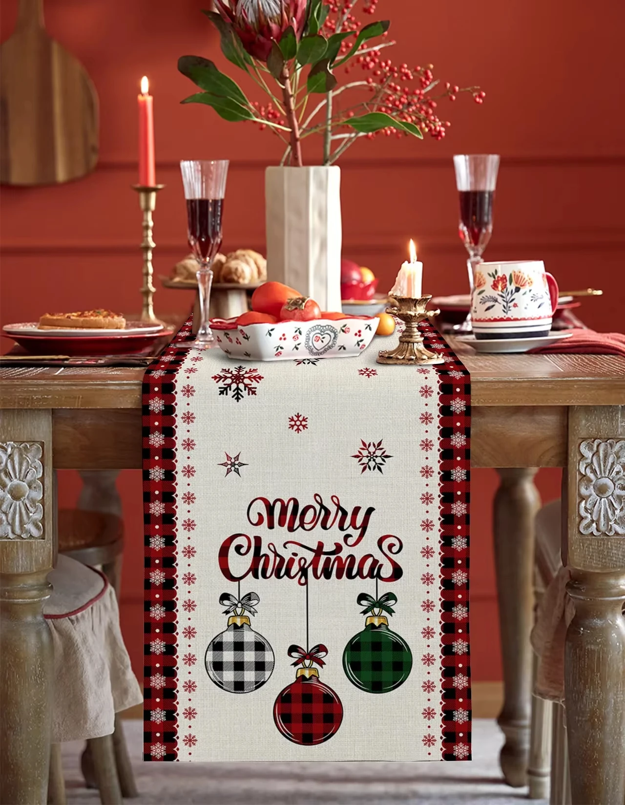 Christmas Plaid Ornament Table Runner Merry Christmas Snowflake Design Home Decor Xmas Holiday Party Dining Table Accent Festive