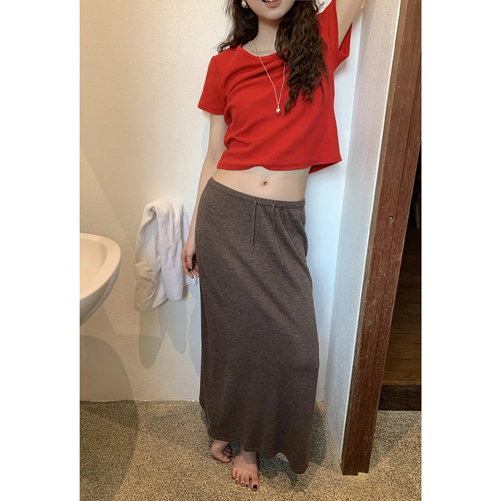 

Винтажная вязаная коричневая юбка миди HelloooEat: прямая, облегающая, длинная, для ранней весны, с эффектом прохлады, женская, со средней талией